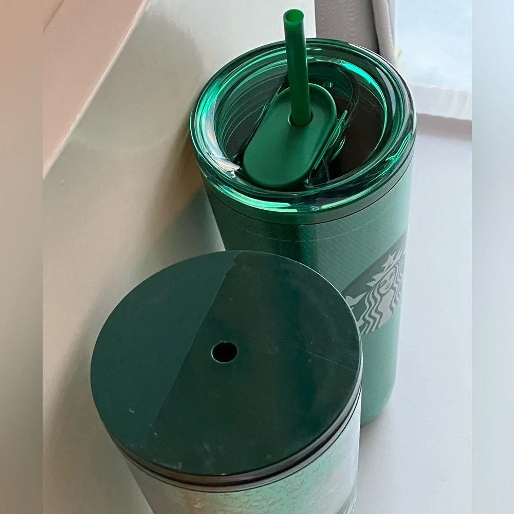2 Starbucks tall 24 oz. plastic cups Holiday green sparkling flecks and tweed